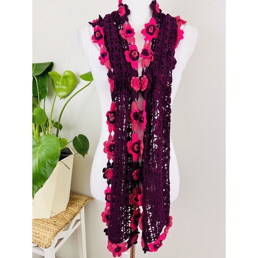 American Eagle Outfitters Pink & Purple Handknitted Flower Boho Hippie Scarf